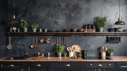 Dark home kitchen interior with cooking cabinet and kitchenware
