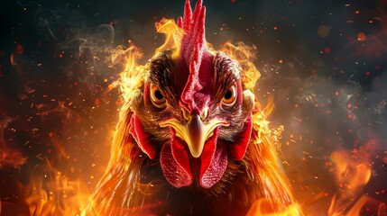Fiery Rooster Portrait - A close-up portrait of a rooster's head engulfed in flames. The intense fiery glow illuminates the rooster's sharp features, creating a powerful and dramatic image. - A close-