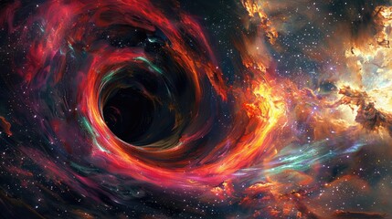 Black Hole Accretion Disks, A stunning, ultra-realistic photographic image of a colorful, swirling black hole in space, with vibrant reds, oranges, and blues, set against a backdro