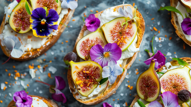 Sandwiches with goat cheese, figs and eatable flowers