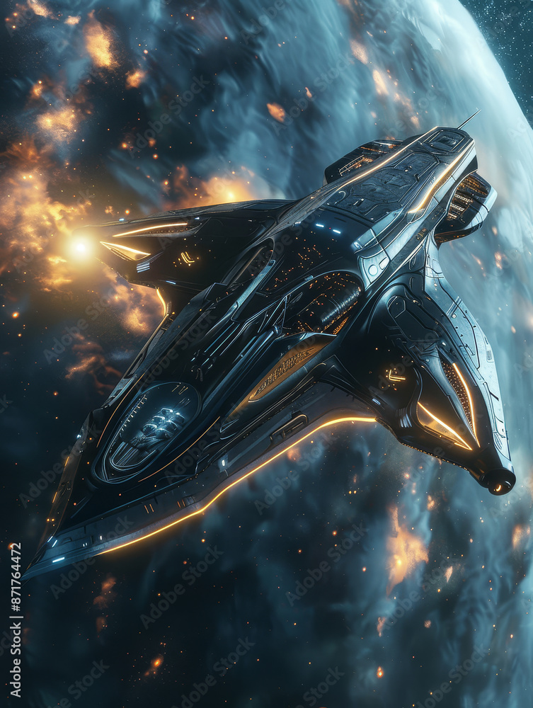 Poster spaceship in deep space - a spaceship flying through deep space, with stars and a nebula in the back