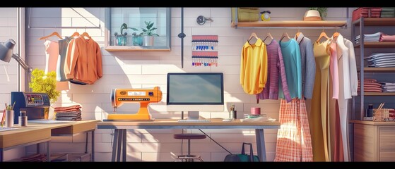 AI generator image of mage of Sunny Fashion Design Studio. We see a working personal computer, clothes hanging, sewing machine and various sewing related machines on a table, colorful cloth