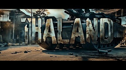 AI generator image of Make a photorealistic image of, large block letter logo with the exact words "THAILAND" spelled correctly, with a modern warfare juggernaut, and a military tank, cinematography