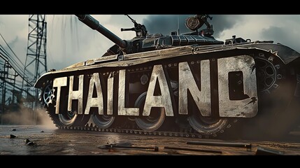 AI generator image of Make a photorealistic image of, large block letter logo with the exact words "THAILAND" spelled correctly, with a modern warfare juggernaut, and a military tank, cinematography