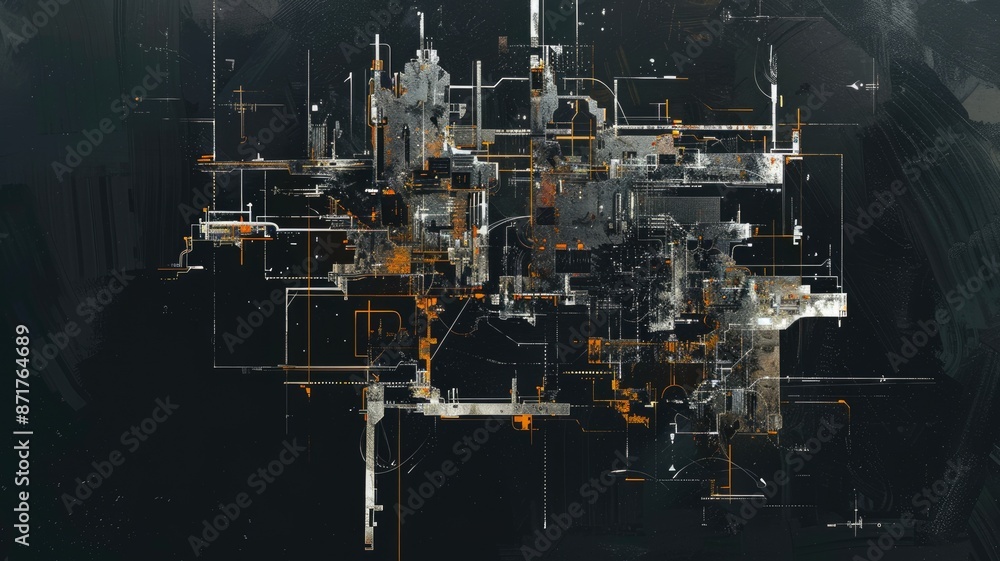 Poster abstract technological circuit board design with black and orange elements. digital art of abstract 