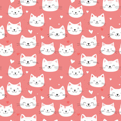 Cartoon seamless pattern with cute white cat faces on pink background.