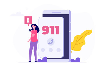 Woman calls 911 concept. Vector flat illustration.