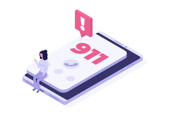 Woman calls 911 isometric concept. Vector  illustration.