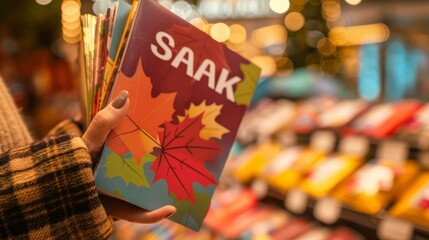 Woman Holding Colorful Autumn Leaves Book with SAAK Text.