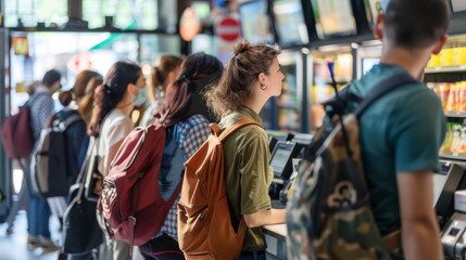 People Queuing at a Counter.