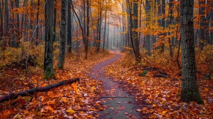 Obraz premium Walking Through Fall's Palette Leaf-Covered Forest Paths