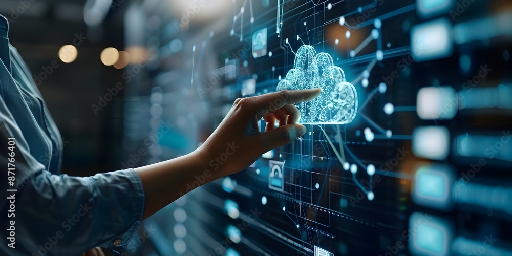 Poster business professional accessing futuristic virtual cloud computing interface