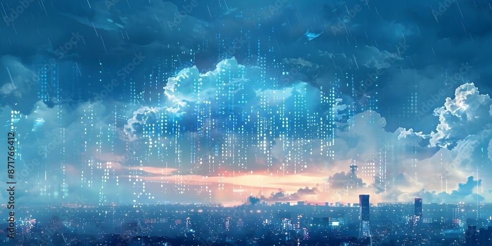 Poster abstract cloud made of binary code floating over futuristic city skyline digital technology concept