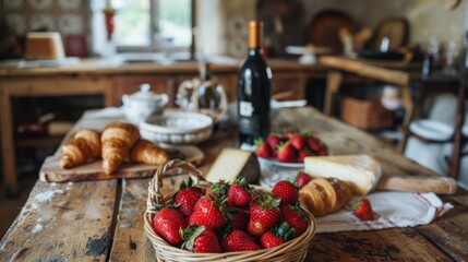Ripe and juicy strawberries in a wicker basket stand on a wooden table, next to a bottle of red wine, cheese and crispy croissants