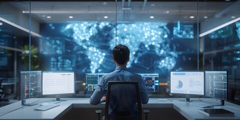 Network Engineer Monitoring Cloud Computing Systems in High Tech Office Environment