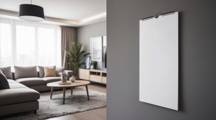 Blank white wall calendar mockup in modern living room. Perfect for promotional materials, interior design projects, and organizational themes