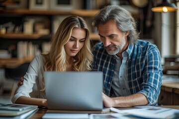 Business man and woman are looking at a laptop together at table