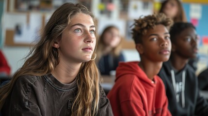 Fototapeta premium Two students debating in a classroom, focused and articulate