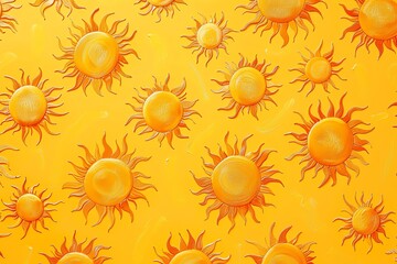 A yellow background with lots of orange suns