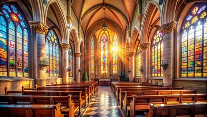 Obraz premium Majestic church interior with warm sunlight streaming through stunning stained glass windows, illuminating the sacred atmosphere of serenity.