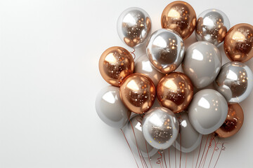 Balloons isolated on a white background, with copy space for text. Gold, silver, bronze, golden-white festive helium balloons for a holiday or party.