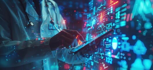 A doctor is using a tablet to look at a computer screen with a lot of numbers