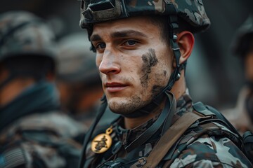 Fototapeta premium Soldier receiving a medal, recognition of bravery and dedication