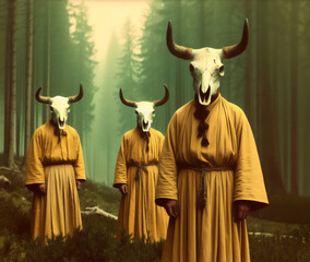 three cow skull masked men, wearing a yellow robe, outdoor scene in forest, vintage photograph,