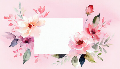 Blank rectangle invitation card with pink tone watercolor flower illustration