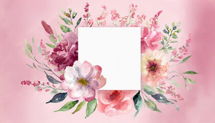 Blank square invitation card with pink tone watercolor flower illustration