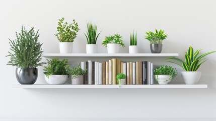 Potted plants and books arranged on bookshelves white background