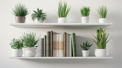 Potted plants and books arranged on bookshelves white background