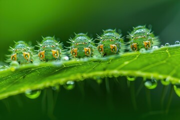 Fototapeta premium Ants and Aphids. Insect pests. Little black aphid Colony on a green leaf. Lice pest infestation. Aphids on the stem and leaves of a plant. Hemiptera, Caterpillar eating leaf. Garden Parasite Macro.