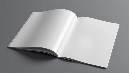 Blank open magazine mockup. The magazine is laid flat on a smooth, grey surface, making it an ideal template for showcasing design layouts, advertisements, articles, or any other print media content. 