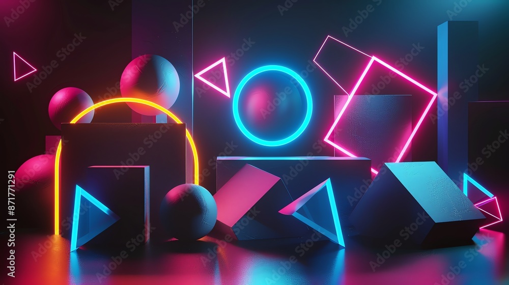 Poster abstract 3d rendering of geometric shapes illuminated with neon lights.