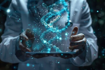 A doctor holding a tablet with a blue DNA strand on it