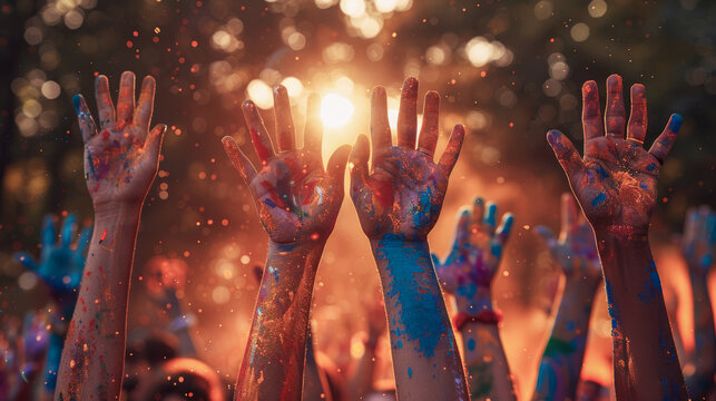 Silhouettes of hands raised in celebration at sunset, painted in vibrant festival colors