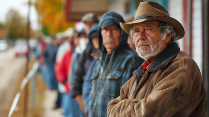 Long line of voters waiting to vote, determined and patient