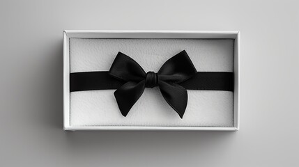 A black cufflink set is tied into a bow with a ribbon and placed in an opened white cushioned foam pad gift box