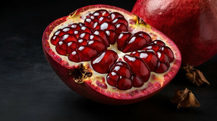 Red pomegranate on a natural light on dark background, close up, macro photography