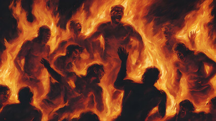 A painting of hell of suffering and eternal damnation. partially submerged screaming men,  AI generated image, ai
