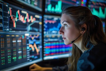 Naklejka premium Businesswoman analyzing stock data on multiple screens, focused and analytical