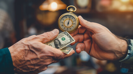 Time and Money Exchange, Hands Holding Currency and Clock, Trading Time for Money, Conceptual Image of Hands Exchanging Currency and Time, Economic Value of Time, Hands Holding Money in Exchange for