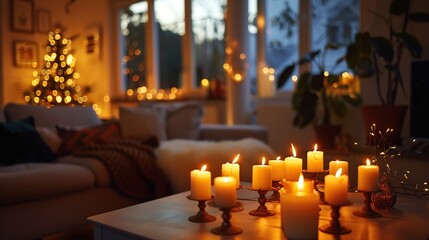 Beautifully Lit Hanukkah Menorah with Candles in a Cozy Living Room