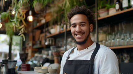 Fototapeta premium Young male entrepreneur managing and operating a small bistro business independently