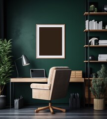 Minimal and comfort home working space interior with wooden furniture, copy space for montage on wooden table and blank frame on white wall