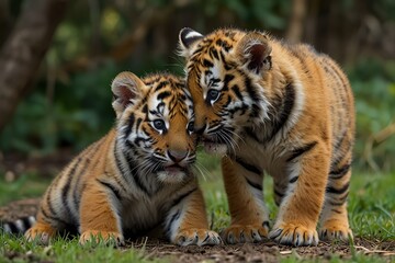 Fototapeta premium Two tiger cubs are sitting on the ground next to each other.