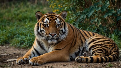 Obraz premium A tiger is lying on the ground, looking at the camera.