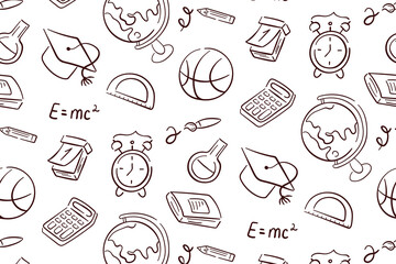 School seamless pattern in line art style. Education, science concept. Back to school design with school supplies notebook, globe, calculator, calendar, brush. Vector illustration on white background.