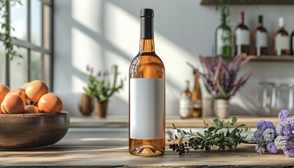 Obraz premium Wine Bottle on Kitchen Counter with Rustic Decor